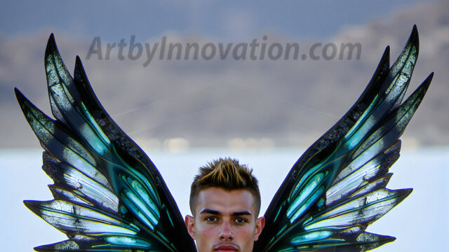 Brought to life through AI, Capturing the Pristine and Elusive Male Fairy. Imagine a realm where handsome shirtless men & boys possess enormous, shimmering crystal wings, vibrant and radiant, capturing and reflecting the light of the environment in a mesmerizing way, and adding a touch of mystery to their intense visage. Outdoors in a fantasy mysterious enchanted realm.