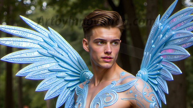 Brought to life through AI, Capturing the Pristine and Elusive Male Fairy. Imagine a realm where handsome shirtless men & boys possess enormous, shimmering crystal wings, vibrant and radiant, capturing and reflecting the light of the environment in a mesmerizing way, and adding a touch of mystery to their intense visage. Outdoors in a fantasy mysterious enchanted realm.