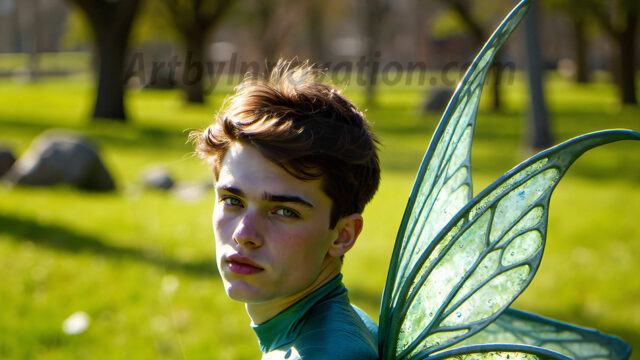 Brought to life through AI, Capturing the Pristine and Elusive Male Fairy. Imagine a realm where handsome shirtless men & boys possess enormous, shimmering crystal wings, vibrant and radiant, capturing and reflecting the light of the environment in a mesmerizing way, and adding a touch of mystery to their intense visage. Outdoors in a fantasy mysterious enchanted realm.