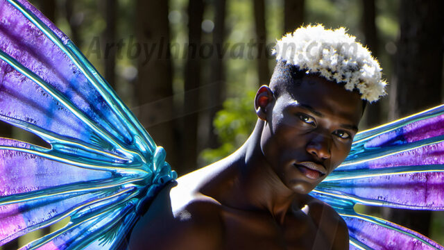 Brought to life through AI, Capturing the Pristine and Elusive Male Fairy. Imagine a realm where handsome shirtless men & boys possess enormous, shimmering crystal wings, vibrant and radiant, capturing and reflecting the light of the environment in a mesmerizing way, and adding a touch of mystery to their intense visage. Outdoors in a fantasy mysterious enchanted realm.