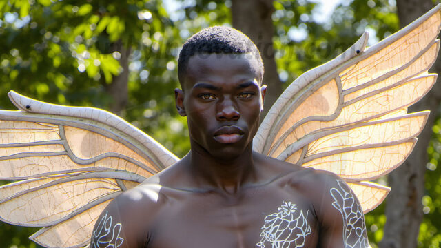 Brought to life through AI, Capturing the Pristine and Elusive Male Fairy. Imagine a realm where handsome shirtless men & boys possess enormous, shimmering crystal wings, vibrant and radiant, capturing and reflecting the light of the environment in a mesmerizing way, and adding a touch of mystery to their intense visage. Outdoors in a fantasy mysterious enchanted realm.
