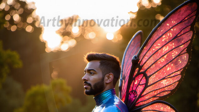 Brought to life through AI, Capturing the Pristine and Elusive Male Fairy. Imagine a realm where handsome shirtless men & boys possess enormous, shimmering crystal wings, vibrant and radiant, capturing and reflecting the light of the environment in a mesmerizing way, and adding a touch of mystery to their intense visage. Outdoors in a fantasy mysterious enchanted realm.