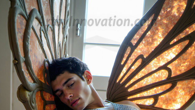 Brought to life through AI, Capturing the Pristine and Elusive Male Fairy. Imagine a realm where handsome shirtless men & boys possess enormous, shimmering crystal wings, vibrant and radiant, capturing and reflecting the light of the environment in a mesmerizing way, and adding a touch of mystery to their intense visage. Outdoors in a fantasy mysterious enchanted realm.