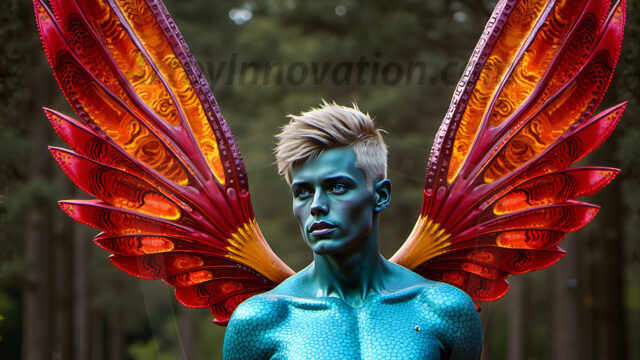 Brought to life through AI, Capturing the Pristine and Elusive Male Fairy. Imagine a realm where handsome shirtless men & boys possess enormous, shimmering crystal wings, vibrant and radiant, capturing and reflecting the light of the environment in a mesmerizing way, and adding a touch of mystery to their intense visage. Outdoors in a fantasy mysterious enchanted realm.