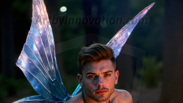 Brought to life through AI, Capturing the Pristine and Elusive Male Fairy. Imagine a realm where handsome shirtless men & boys possess enormous, shimmering crystal wings, vibrant and radiant, capturing and reflecting the light of the environment in a mesmerizing way, and adding a touch of mystery to their intense visage. Outdoors in a fantasy mysterious enchanted realm.