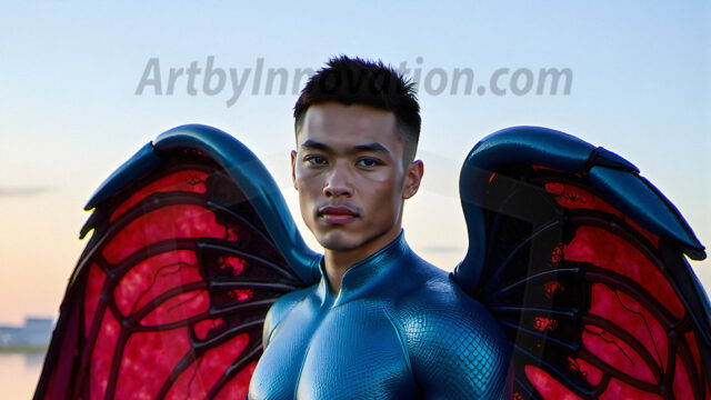 Brought to life through AI, Capturing the Pristine and Elusive Male Fairy. Imagine a realm where handsome shirtless men & boys possess enormous, shimmering crystal wings, vibrant and radiant, capturing and reflecting the light of the environment in a mesmerizing way, and adding a touch of mystery to their intense visage. Outdoors in a fantasy mysterious enchanted realm.