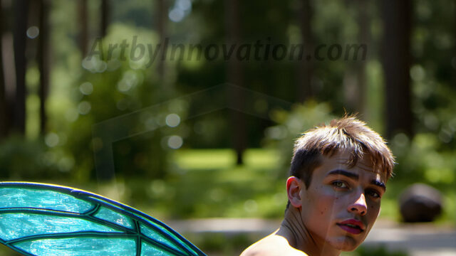 Brought to life through AI, Capturing the Pristine and Elusive Male Fairy. Imagine a realm where handsome shirtless men & boys possess enormous, shimmering crystal wings, vibrant and radiant, capturing and reflecting the light of the environment in a mesmerizing way, and adding a touch of mystery to their intense visage. Outdoors in a fantasy mysterious enchanted realm.