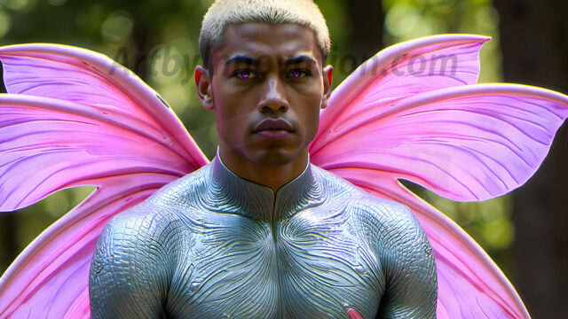 Brought to life through AI, Capturing the Pristine and Elusive Male Fairy. Imagine a realm where handsome shirtless men & boys possess enormous, shimmering crystal wings, vibrant and radiant, capturing and reflecting the light of the environment in a mesmerizing way, and adding a touch of mystery to their intense visage. Outdoors in a fantasy mysterious enchanted realm.
