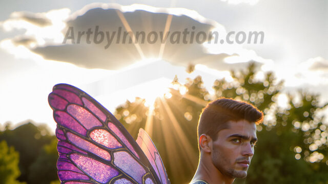 Brought to life through AI, Capturing the Pristine and Elusive Male Fairy. Imagine a realm where handsome shirtless men & boys possess enormous, shimmering crystal wings, vibrant and radiant, capturing and reflecting the light of the environment in a mesmerizing way, and adding a touch of mystery to their intense visage. Outdoors in a fantasy mysterious enchanted realm.