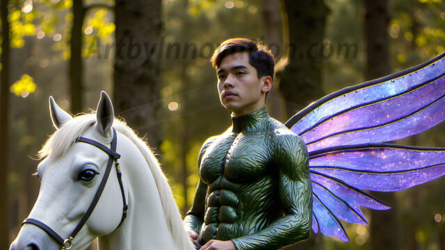 Brought to life through AI, Capturing the Pristine and Elusive Male Fairy. Imagine a realm where handsome shirtless men & boys possess enormous, shimmering crystal wings, vibrant and radiant, capturing and reflecting the light of the environment in a mesmerizing way, and adding a touch of mystery to their intense visage. Outdoors in a fantasy mysterious enchanted realm.