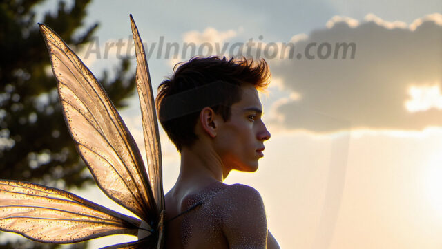 Brought to life through AI, Capturing the Pristine and Elusive Male Fairy. Imagine a realm where handsome shirtless men & boys possess enormous, shimmering crystal wings, vibrant and radiant, capturing and reflecting the light of the environment in a mesmerizing way, and adding a touch of mystery to their intense visage. Outdoors in a fantasy mysterious enchanted realm.