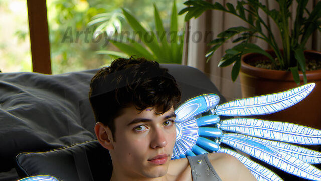 Brought to life through AI, Capturing the Pristine and Elusive Male Fairy. Imagine a realm where handsome shirtless men & boys possess enormous, shimmering crystal wings, vibrant and radiant, capturing and reflecting the light of the environment in a mesmerizing way, and adding a touch of mystery to their intense visage. Outdoors in a fantasy mysterious enchanted realm.