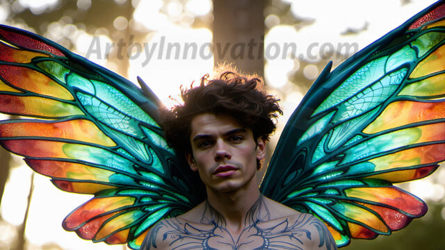 Brought to life through AI, Capturing the Pristine and Elusive Male Fairy. Imagine a realm where handsome shirtless men & boys possess enormous, shimmering crystal wings, vibrant and radiant, capturing and reflecting the light of the environment in a mesmerizing way, and adding a touch of mystery to their intense visage. Outdoors in a fantasy mysterious enchanted realm.