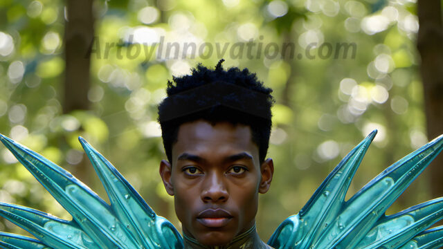 Brought to life through AI, Capturing the Pristine and Elusive Male Fairy. Imagine a realm where handsome shirtless men & boys possess enormous, shimmering crystal wings, vibrant and radiant, capturing and reflecting the light of the environment in a mesmerizing way, and adding a touch of mystery to their intense visage. Outdoors in a fantasy mysterious enchanted realm.