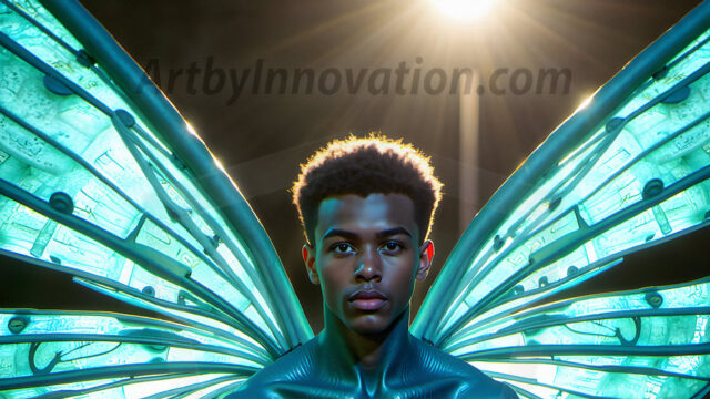 Brought to life through AI, Capturing the Pristine and Elusive Male Fairy. Imagine a realm where handsome shirtless men & boys possess enormous, shimmering crystal wings, vibrant and radiant, capturing and reflecting the light of the environment in a mesmerizing way, and adding a touch of mystery to their intense visage. Outdoors in a fantasy mysterious enchanted realm.