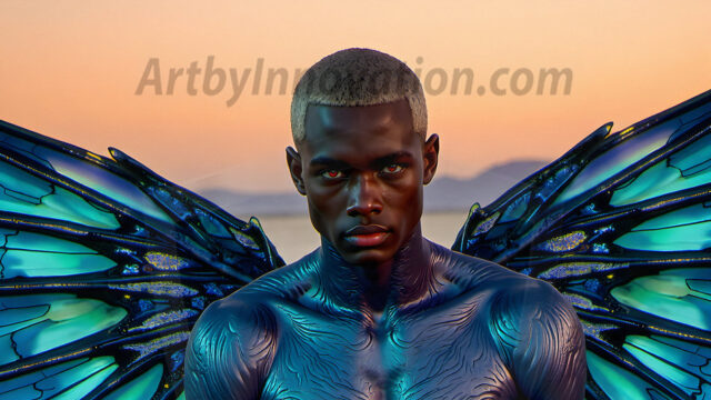 Brought to life through AI, Capturing the Pristine and Elusive Male Fairy. Imagine a realm where handsome shirtless men & boys possess enormous, shimmering crystal wings, vibrant and radiant, capturing and reflecting the light of the environment in a mesmerizing way, and adding a touch of mystery to their intense visage. Outdoors in a fantasy mysterious enchanted realm.