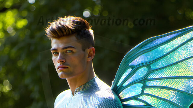 Brought to life through AI, Capturing the Pristine and Elusive Male Fairy. Imagine a realm where handsome shirtless men & boys possess enormous, shimmering crystal wings, vibrant and radiant, capturing and reflecting the light of the environment in a mesmerizing way, and adding a touch of mystery to their intense visage. Outdoors in a fantasy mysterious enchanted realm.