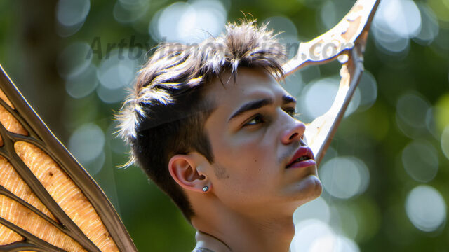 Brought to life through AI, Capturing the Pristine and Elusive Male Fairy. Imagine a realm where handsome shirtless men & boys possess enormous, shimmering crystal wings, vibrant and radiant, capturing and reflecting the light of the environment in a mesmerizing way, and adding a touch of mystery to their intense visage. Outdoors in a fantasy mysterious enchanted realm.