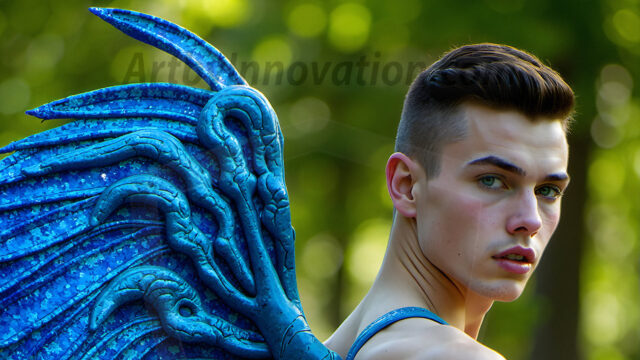 Brought to life through AI, Capturing the Pristine and Elusive Male Fairy. Imagine a realm where handsome shirtless men & boys possess enormous, shimmering crystal wings, vibrant and radiant, capturing and reflecting the light of the environment in a mesmerizing way, and adding a touch of mystery to their intense visage. Outdoors in a fantasy mysterious enchanted realm.