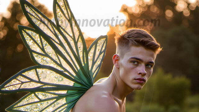 Brought to life through AI, Capturing the Pristine and Elusive Male Fairy. Imagine a realm where handsome shirtless men & boys possess enormous, shimmering crystal wings, vibrant and radiant, capturing and reflecting the light of the environment in a mesmerizing way, and adding a touch of mystery to their intense visage. Outdoors in a fantasy mysterious enchanted realm.