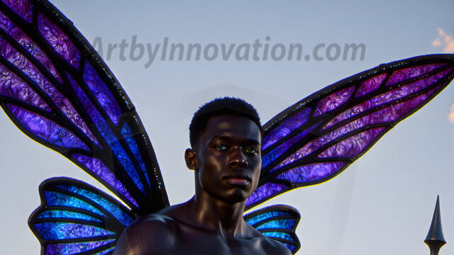 Brought to life through AI, Capturing the Pristine and Elusive Male Fairy. Imagine a realm where handsome shirtless men & boys possess enormous, shimmering crystal wings, vibrant and radiant, capturing and reflecting the light of the environment in a mesmerizing way, and adding a touch of mystery to their intense visage. Outdoors in a fantasy mysterious enchanted realm.
