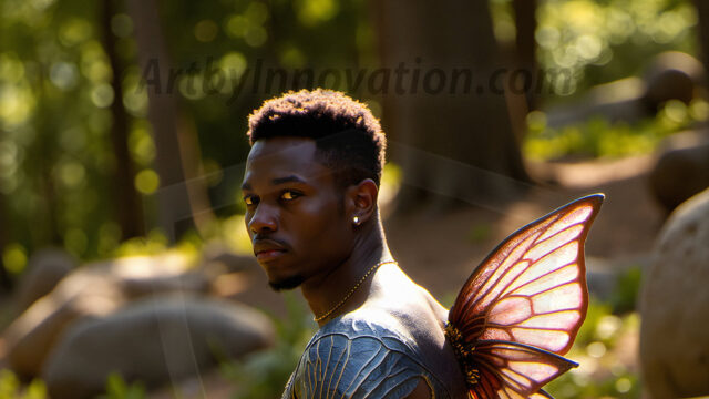 Brought to life through AI, Capturing the Pristine and Elusive Male Fairy. Imagine a realm where handsome shirtless men & boys possess enormous, shimmering crystal wings, vibrant and radiant, capturing and reflecting the light of the environment in a mesmerizing way, and adding a touch of mystery to their intense visage. Outdoors in a fantasy mysterious enchanted realm.
