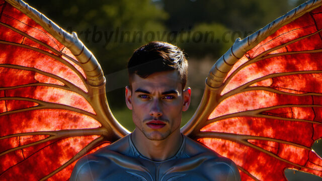 Brought to life through AI, Capturing the Pristine and Elusive Male Fairy. Imagine a realm where handsome shirtless men & boys possess enormous, shimmering crystal wings, vibrant and radiant, capturing and reflecting the light of the environment in a mesmerizing way, and adding a touch of mystery to their intense visage. Outdoors in a fantasy mysterious enchanted realm.