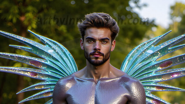 Brought to life through AI, Capturing the Pristine and Elusive Male Fairy. Imagine a realm where handsome shirtless men & boys possess enormous, shimmering crystal wings, vibrant and radiant, capturing and reflecting the light of the environment in a mesmerizing way, and adding a touch of mystery to their intense visage. Outdoors in a fantasy mysterious enchanted realm.