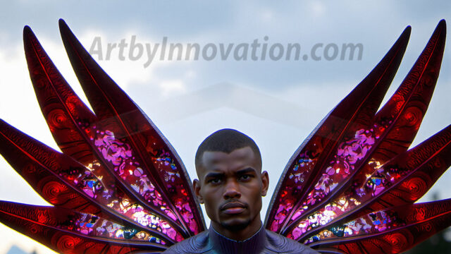 Brought to life through AI, Capturing the Pristine and Elusive Male Fairy. Imagine a realm where handsome shirtless men & boys possess enormous, shimmering crystal wings, vibrant and radiant, capturing and reflecting the light of the environment in a mesmerizing way, and adding a touch of mystery to their intense visage. Outdoors in a fantasy mysterious enchanted realm.