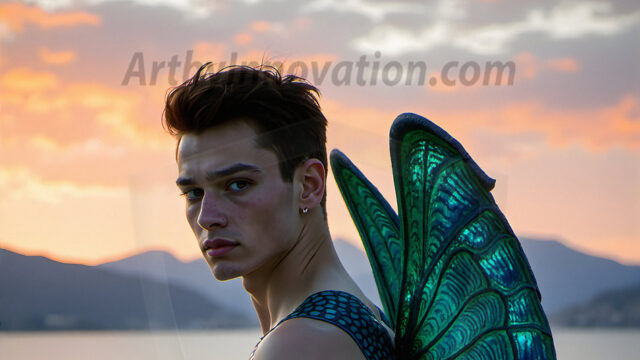 Brought to life through AI, Capturing the Pristine and Elusive Male Fairy. Imagine a realm where handsome shirtless men & boys possess enormous, shimmering crystal wings, vibrant and radiant, capturing and reflecting the light of the environment in a mesmerizing way, and adding a touch of mystery to their intense visage. Outdoors in a fantasy mysterious enchanted realm.