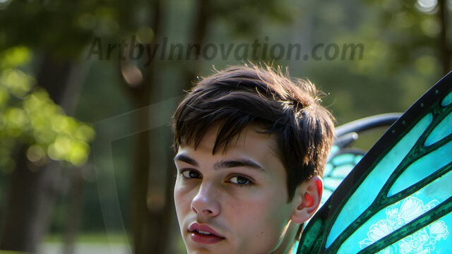 Brought to life through AI, Capturing the Pristine and Elusive Male Fairy. Imagine a realm where handsome shirtless men & boys possess enormous, shimmering crystal wings, vibrant and radiant, capturing and reflecting the light of the environment in a mesmerizing way, and adding a touch of mystery to their intense visage. Outdoors in a fantasy mysterious enchanted realm.