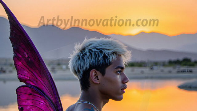 Brought to life through AI, Capturing the Pristine and Elusive Male Fairy. Imagine a realm where handsome shirtless men & boys possess enormous, shimmering crystal wings, vibrant and radiant, capturing and reflecting the light of the environment in a mesmerizing way, and adding a touch of mystery to their intense visage. Outdoors in a fantasy mysterious enchanted realm.