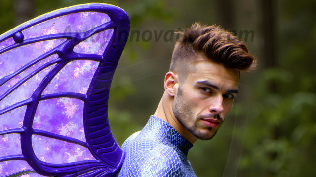 Brought to life through AI, Capturing the Pristine and Elusive Male Fairy. Imagine a realm where handsome shirtless men & boys possess enormous, shimmering crystal wings, vibrant and radiant, capturing and reflecting the light of the environment in a mesmerizing way, and adding a touch of mystery to their intense visage. Outdoors in a fantasy mysterious enchanted realm.