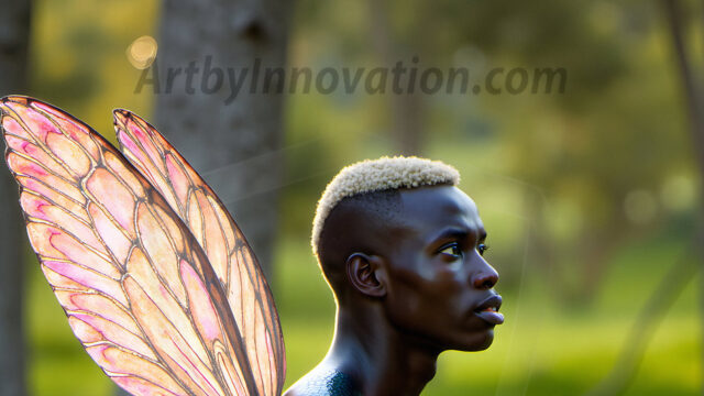 Brought to life through AI, Capturing the Pristine and Elusive Male Fairy. Imagine a realm where handsome shirtless men & boys possess enormous, shimmering crystal wings, vibrant and radiant, capturing and reflecting the light of the environment in a mesmerizing way, and adding a touch of mystery to their intense visage. Outdoors in a fantasy mysterious enchanted realm.