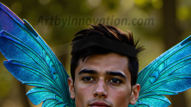 Brought to life through AI, Capturing the Pristine and Elusive Male Fairy. Imagine a realm where handsome shirtless men & boys possess enormous, shimmering crystal wings, vibrant and radiant, capturing and reflecting the light of the environment in a mesmerizing way, and adding a touch of mystery to their intense visage. Outdoors in a fantasy mysterious enchanted realm.