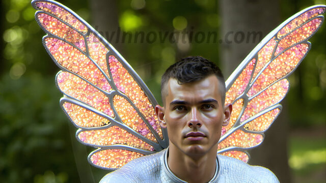 Brought to life through AI, Capturing the Pristine and Elusive Male Fairy. Imagine a realm where handsome shirtless men & boys possess enormous, shimmering crystal wings, vibrant and radiant, capturing and reflecting the light of the environment in a mesmerizing way, and adding a touch of mystery to their intense visage. Outdoors in a fantasy mysterious enchanted realm.