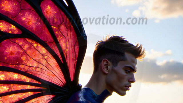 Brought to life through AI, Capturing the Pristine and Elusive Male Fairy. Imagine a realm where handsome shirtless men & boys possess enormous, shimmering crystal wings, vibrant and radiant, capturing and reflecting the light of the environment in a mesmerizing way, and adding a touch of mystery to their intense visage. Outdoors in a fantasy mysterious enchanted realm.