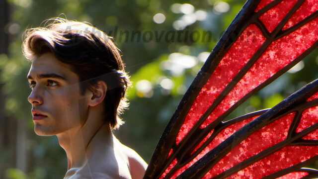 Brought to life through AI, Capturing the Pristine and Elusive Male Fairy. Imagine a realm where handsome shirtless men & boys possess enormous, shimmering crystal wings, vibrant and radiant, capturing and reflecting the light of the environment in a mesmerizing way, and adding a touch of mystery to their intense visage. Outdoors in a fantasy mysterious enchanted realm.