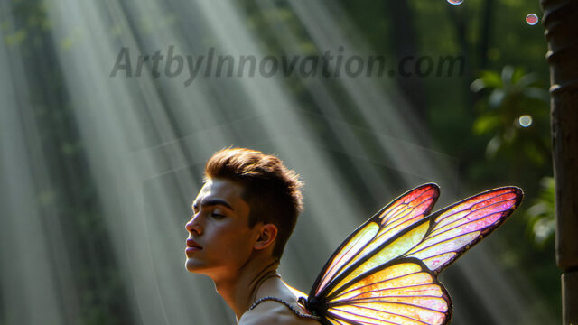 Brought to life through AI, Capturing the Pristine and Elusive Male Fairy. Imagine a realm where handsome shirtless men & boys possess enormous, shimmering crystal wings, vibrant and radiant, capturing and reflecting the light of the environment in a mesmerizing way, and adding a touch of mystery to their intense visage. Outdoors in a fantasy mysterious enchanted realm.