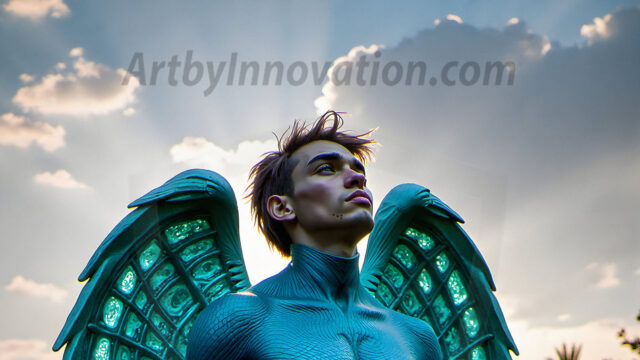 Brought to life through AI, Capturing the Pristine and Elusive Male Fairy. Imagine a realm where handsome shirtless men & boys possess enormous, shimmering crystal wings, vibrant and radiant, capturing and reflecting the light of the environment in a mesmerizing way, and adding a touch of mystery to their intense visage. Outdoors in a fantasy mysterious enchanted realm.