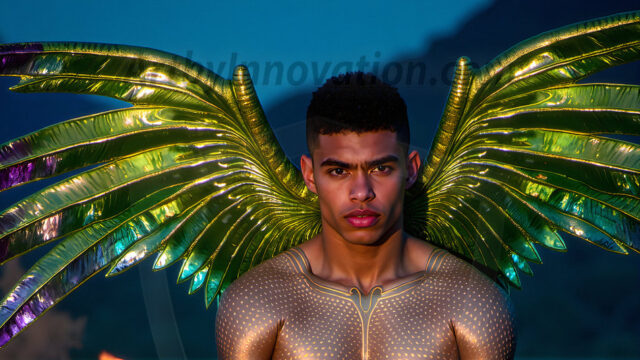 Brought to life through AI, Capturing the Pristine and Elusive Male Fairy. Imagine a realm where handsome shirtless men & boys possess enormous, shimmering crystal wings, vibrant and radiant, capturing and reflecting the light of the environment in a mesmerizing way, and adding a touch of mystery to their intense visage. Outdoors in a fantasy mysterious enchanted realm.