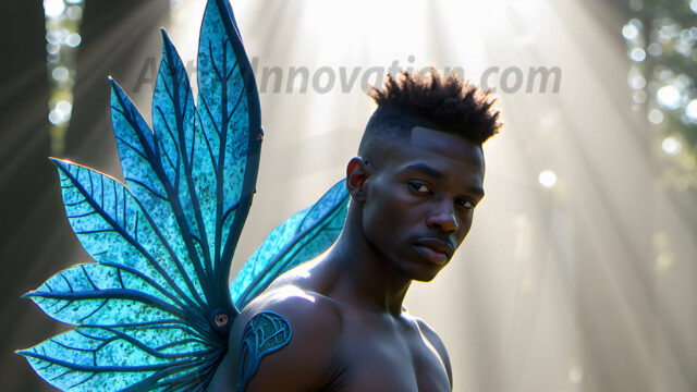 Brought to life through AI, Capturing the Pristine and Elusive Male Fairy. Imagine a realm where handsome shirtless men & boys possess enormous, shimmering crystal wings, vibrant and radiant, capturing and reflecting the light of the environment in a mesmerizing way, and adding a touch of mystery to their intense visage. Outdoors in a fantasy mysterious enchanted realm.