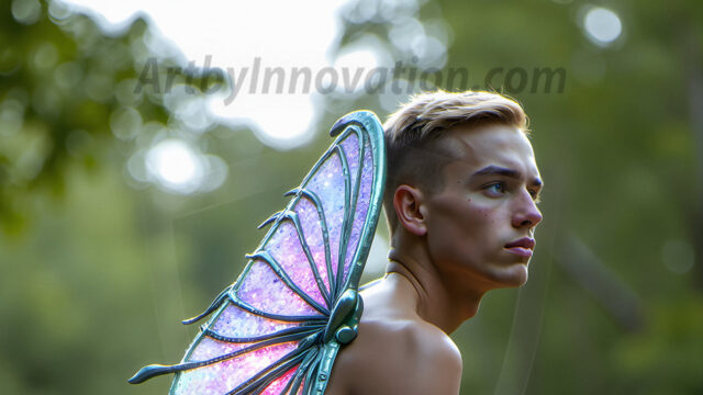 Brought to life through AI, Capturing the Pristine and Elusive Male Fairy. Imagine a realm where handsome shirtless men & boys possess enormous, shimmering crystal wings, vibrant and radiant, capturing and reflecting the light of the environment in a mesmerizing way, and adding a touch of mystery to their intense visage. Outdoors in a fantasy mysterious enchanted realm.