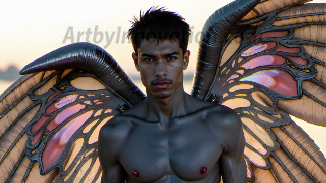 Brought to life through AI, Capturing the Pristine and Elusive Male Fairy. Imagine a realm where handsome shirtless men & boys possess enormous, shimmering crystal wings, vibrant and radiant, capturing and reflecting the light of the environment in a mesmerizing way, and adding a touch of mystery to their intense visage. Outdoors in a fantasy mysterious enchanted realm.