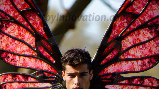 Brought to life through AI, Capturing the Pristine and Elusive Male Fairy. Imagine a realm where handsome shirtless men & boys possess enormous, shimmering crystal wings, vibrant and radiant, capturing and reflecting the light of the environment in a mesmerizing way, and adding a touch of mystery to their intense visage. Outdoors in a fantasy mysterious enchanted realm.
