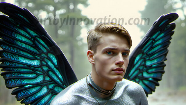 Brought to life through AI, Capturing the Pristine and Elusive Male Fairy. Imagine a realm where handsome shirtless men & boys possess enormous, shimmering crystal wings, vibrant and radiant, capturing and reflecting the light of the environment in a mesmerizing way, and adding a touch of mystery to their intense visage. Outdoors in a fantasy mysterious enchanted realm.