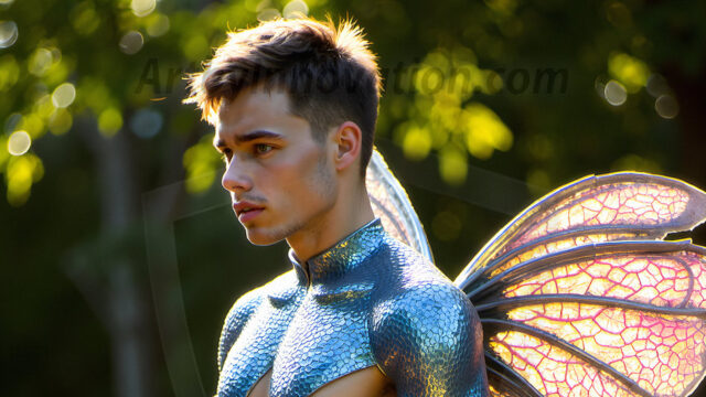 Brought to life through AI, Capturing the Pristine and Elusive Male Fairy. Imagine a realm where handsome shirtless men & boys possess enormous, shimmering crystal wings, vibrant and radiant, capturing and reflecting the light of the environment in a mesmerizing way, and adding a touch of mystery to their intense visage. Outdoors in a fantasy mysterious enchanted realm.