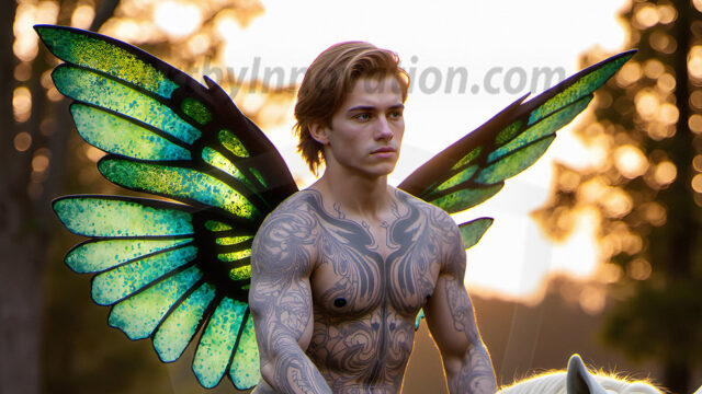 Brought to life through AI, Capturing the Pristine and Elusive Male Fairy. Imagine a realm where handsome shirtless men & boys possess enormous, shimmering crystal wings, vibrant and radiant, capturing and reflecting the light of the environment in a mesmerizing way, and adding a touch of mystery to their intense visage. Outdoors in a fantasy mysterious enchanted realm.
