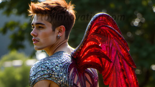 Brought to life through AI, Capturing the Pristine and Elusive Male Fairy. Imagine a realm where handsome shirtless men & boys possess enormous, shimmering crystal wings, vibrant and radiant, capturing and reflecting the light of the environment in a mesmerizing way, and adding a touch of mystery to their intense visage. Outdoors in a fantasy mysterious enchanted realm.