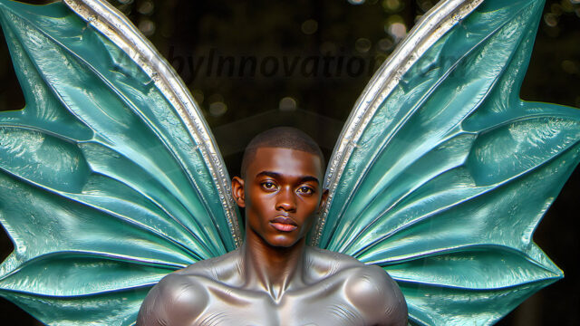 Brought to life through AI, Capturing the Pristine and Elusive Male Fairy. Imagine a realm where handsome shirtless men & boys possess enormous, shimmering crystal wings, vibrant and radiant, capturing and reflecting the light of the environment in a mesmerizing way, and adding a touch of mystery to their intense visage. Outdoors in a fantasy mysterious enchanted realm.